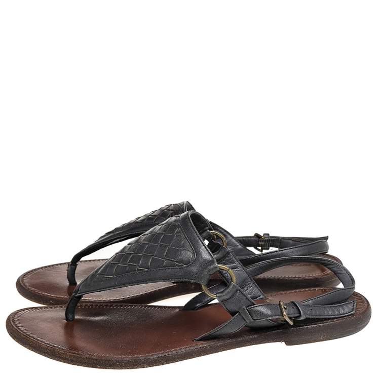 Pre Owned Bottega Veneta Black Leather Thong Slingback Flat Sandals Size 38