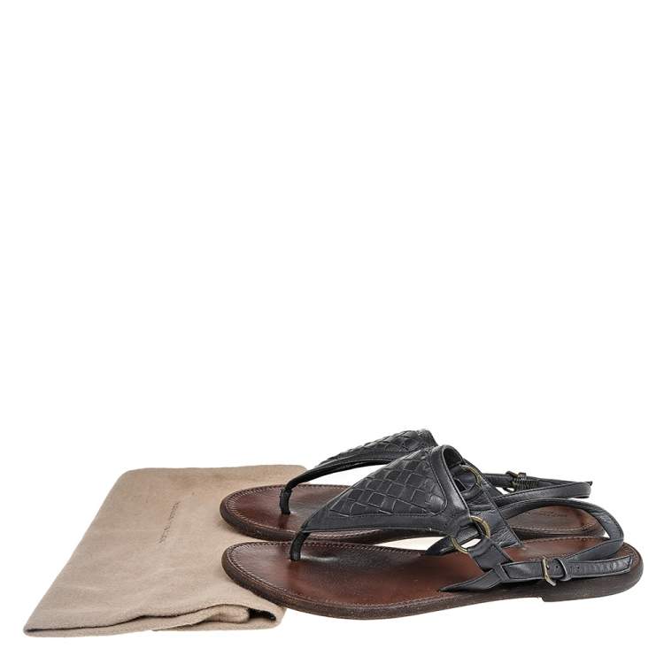 Pre Owned Bottega Veneta Black Leather Thong Slingback Flat Sandals Size 38