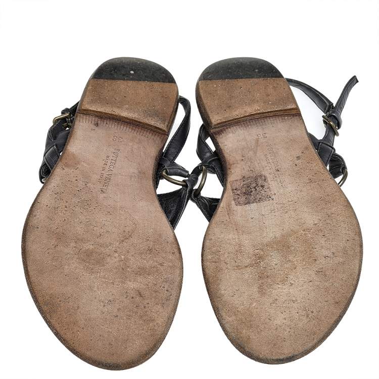Pre Owned Bottega Veneta Black Leather Thong Slingback Flat Sandals Size 38