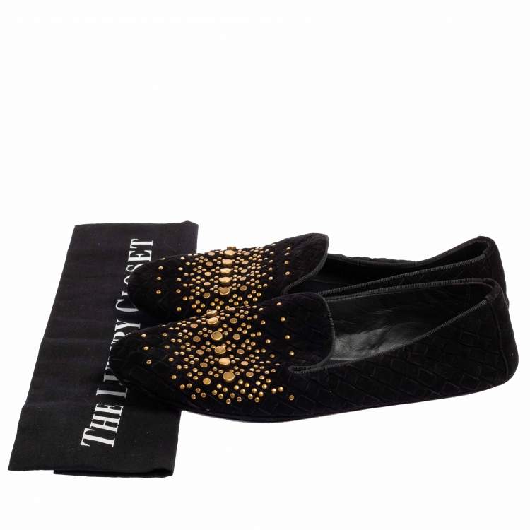 Pre Owned Bottega Veneta Black Interecciato Suede Studded Smoking Slippers Size 36