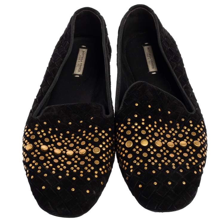 Pre Owned Bottega Veneta Black Interecciato Suede Studded Smoking Slippers Size 36