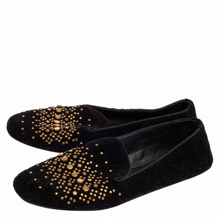 Pre Owned Bottega Veneta Black Interecciato Suede Studded Smoking Slippers Size 36