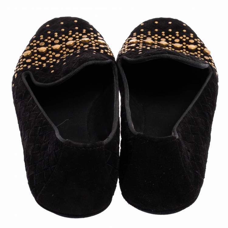 Pre Owned Bottega Veneta Black Interecciato Suede Studded Smoking Slippers Size 36