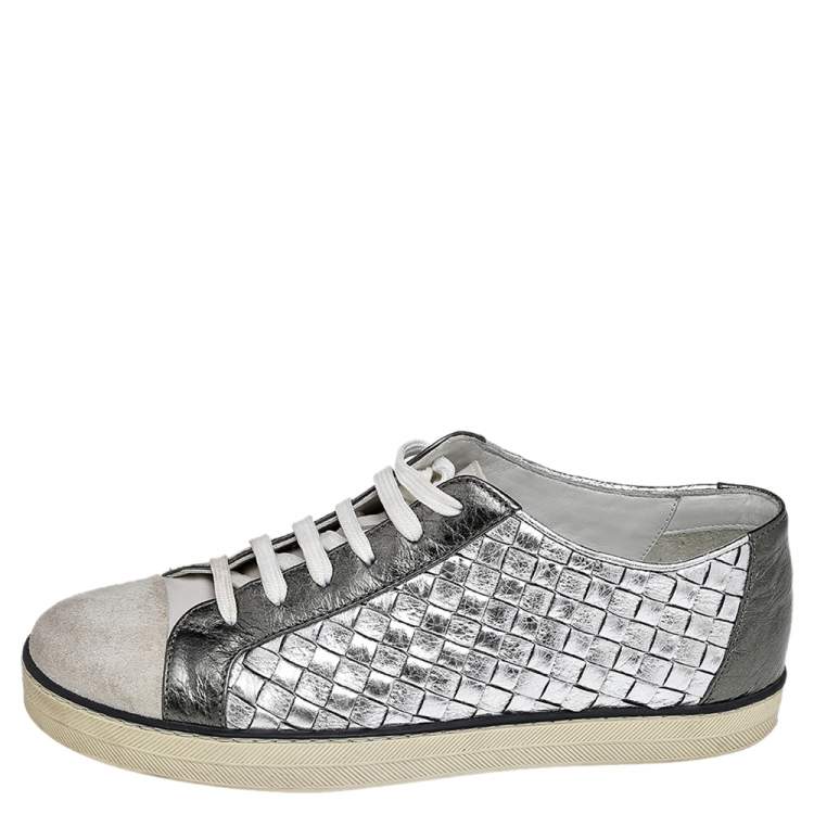 Pre Owned Bottega Veneta Tricolor Suede And Intrecciato Leather Low Top Sneakers Size 37.5