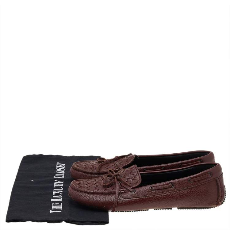 Pre Owned Bottega Veneta Brown Intrecciato Leather Bow Slip on Loafers Size 37.5