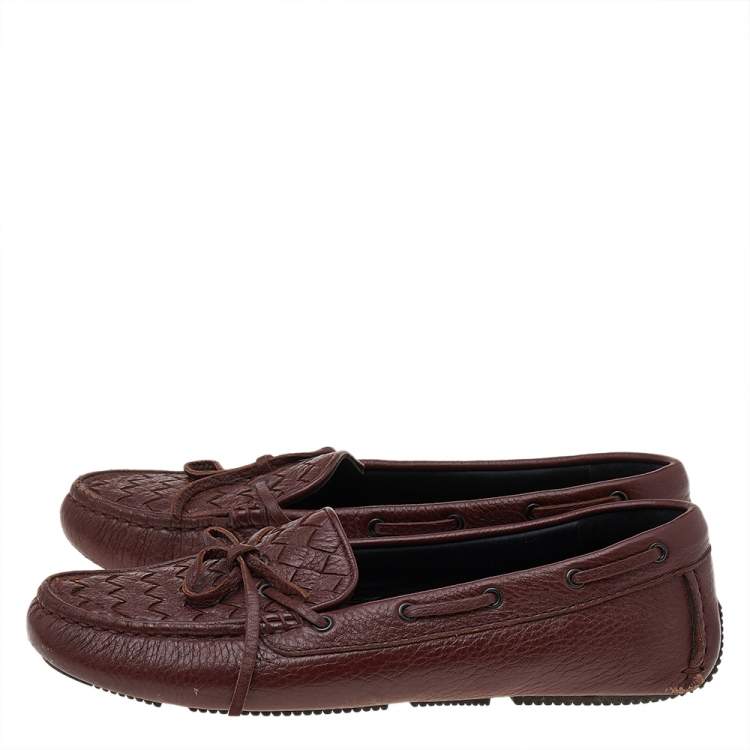 Pre Owned Bottega Veneta Brown Intrecciato Leather Bow Slip on Loafers Size 37.5