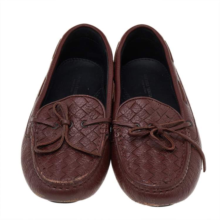 Pre Owned Bottega Veneta Brown Intrecciato Leather Bow Slip on Loafers Size 37.5