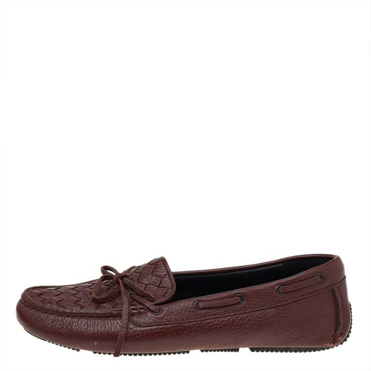 Pre Owned Bottega Veneta Brown Intrecciato Leather Bow Slip on Loafers Size 37.5