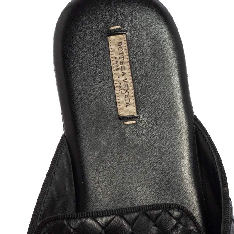 Pre Owned Bottega Veneta Black Intrecciato Leather Fiandra Flat Mules Size 38.5
