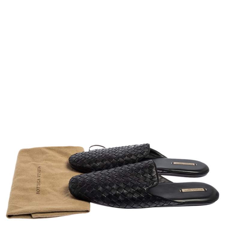 Pre Owned Bottega Veneta Black Intrecciato Leather Fiandra Flat Mules Size 38.5