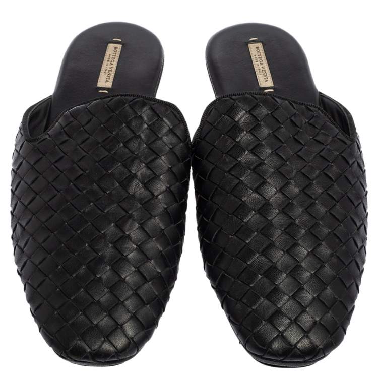 Pre Owned Bottega Veneta Black Intrecciato Leather Fiandra Flat Mules Size 38.5