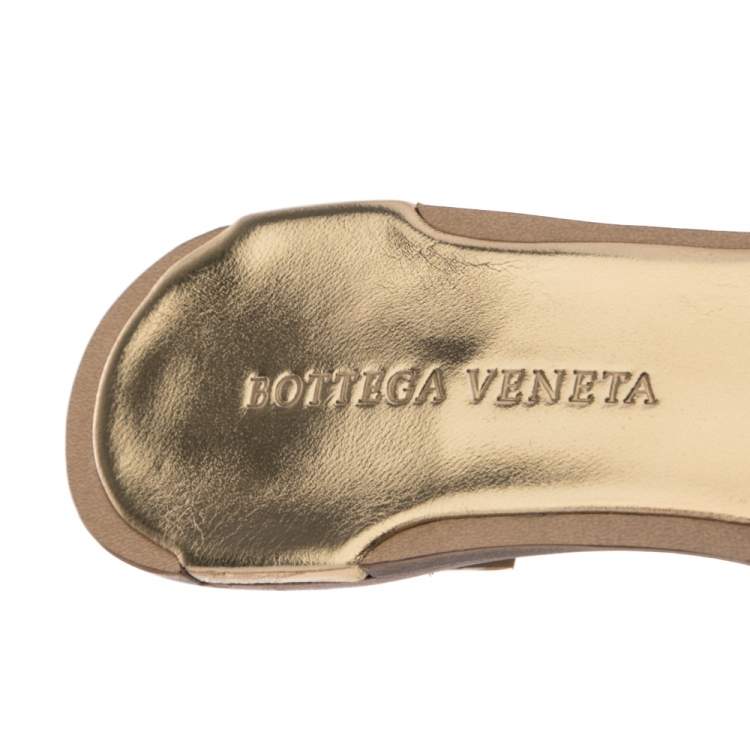 Pre Owned Bottega Veneta Metallic Gold Intrecciato Leather Square Toe Slide Sandals Size 37