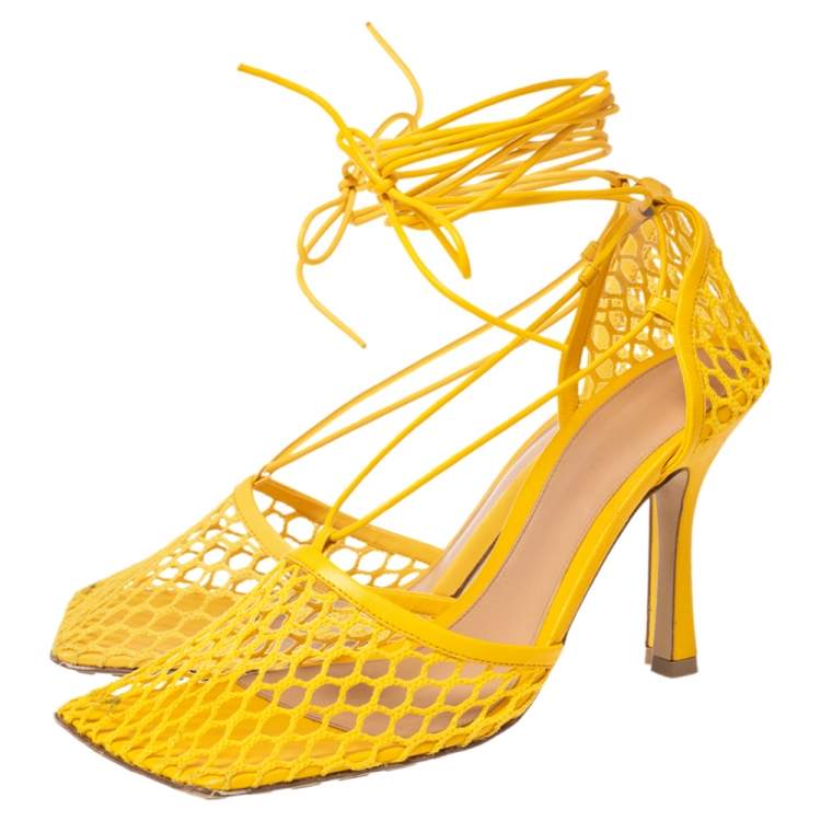 Pre Owned Bottega Veneta Mustard Leather And Mesh Ankle Wrap Pumps Size 39.5