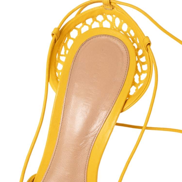 Pre Owned Bottega Veneta Mustard Leather And Mesh Ankle Wrap Pumps Size 39.5