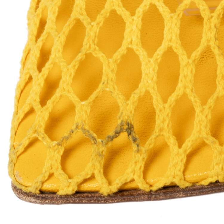 Pre Owned Bottega Veneta Mustard Leather And Mesh Ankle Wrap Pumps Size 39.5