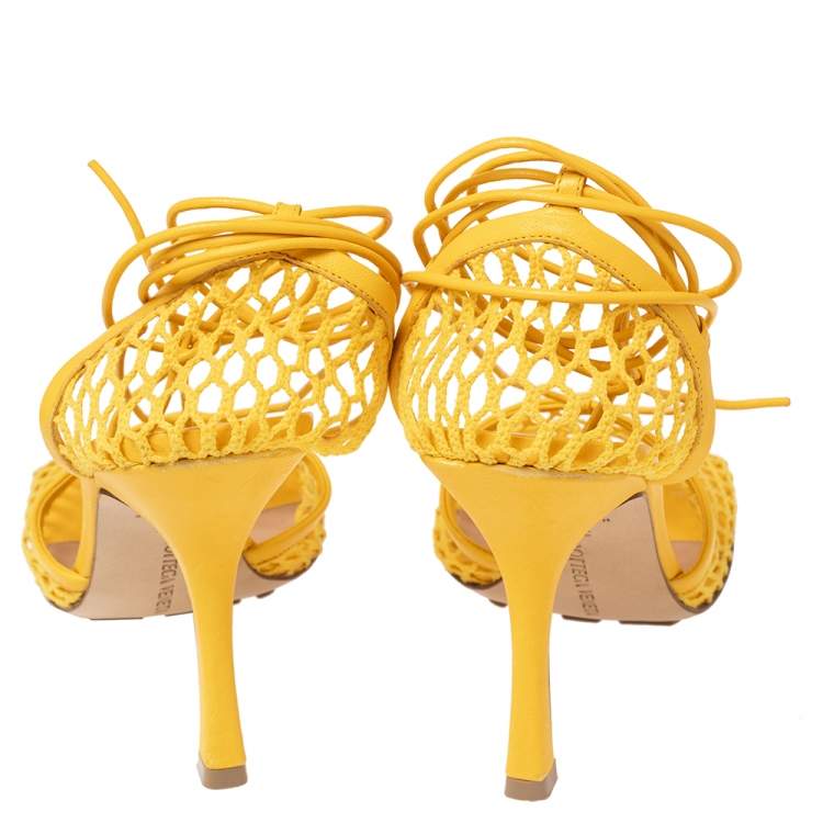 Pre Owned Bottega Veneta Mustard Leather And Mesh Ankle Wrap Pumps Size 39.5