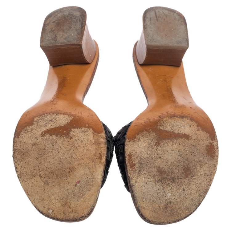 Pre Owned Bottega Veneta Black/Brown Intrecciato Leather Ravello Slide Sandals Size 39.5