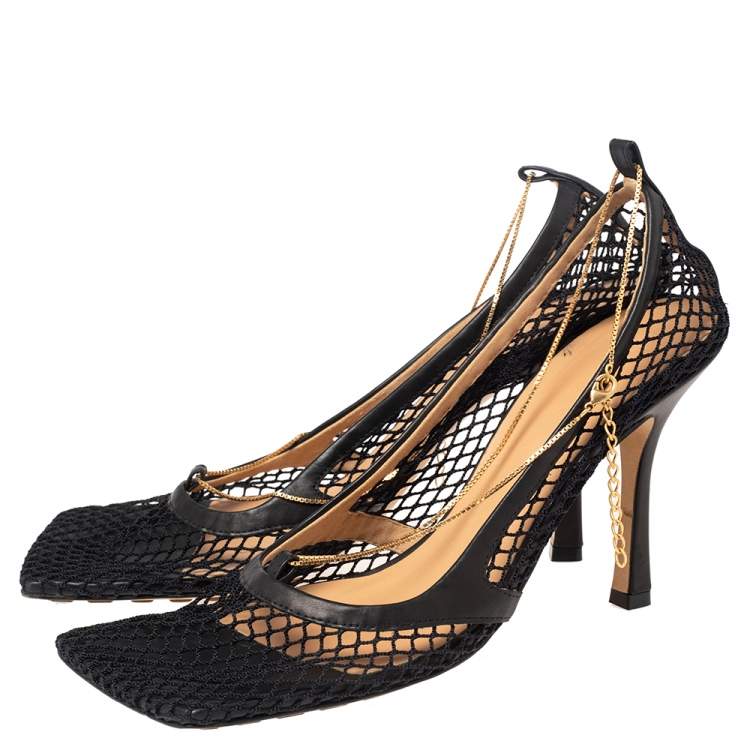 Pre Owned Bottega Veneta Black Mesh Chain Link Detail Square Toe Pumps Size 41