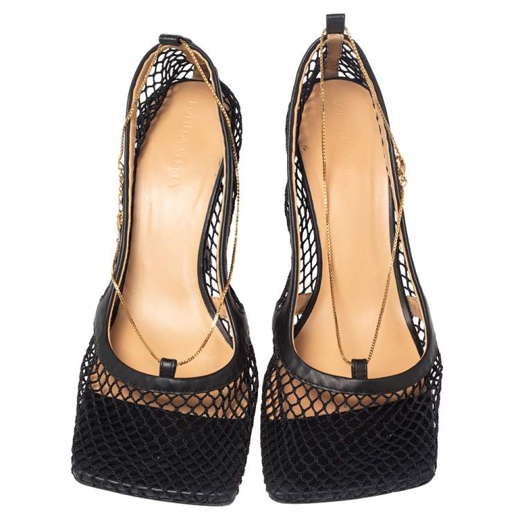 Pre Owned Bottega Veneta Black Mesh Chain Link Detail Square Toe Pumps Size 41