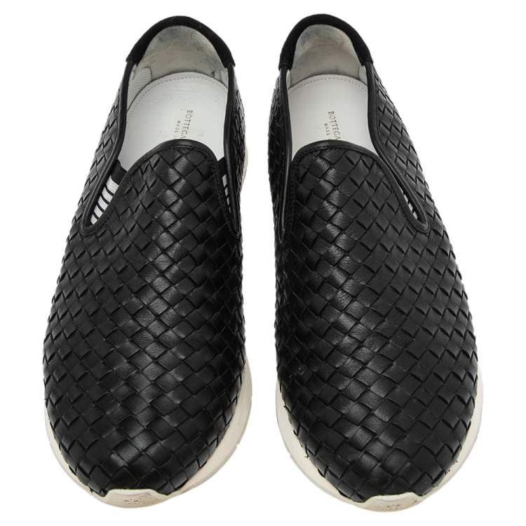 Pre Owned Bottega Veneta Black Intrecciato Leather Slip On Sneakers Size 45
