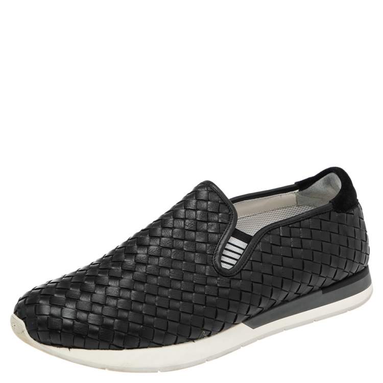 Pre Owned Bottega Veneta Black Intrecciato Leather Slip On Sneakers Size 45