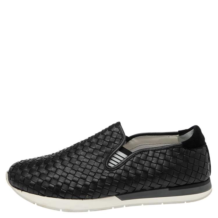 Pre Owned Bottega Veneta Black Intrecciato Leather Slip On Sneakers Size 45