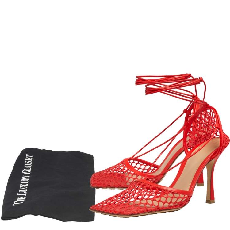 Pre Owned Bottega Veneta Red Mesh Square Toe Ankle Wrap Sandals Size 40