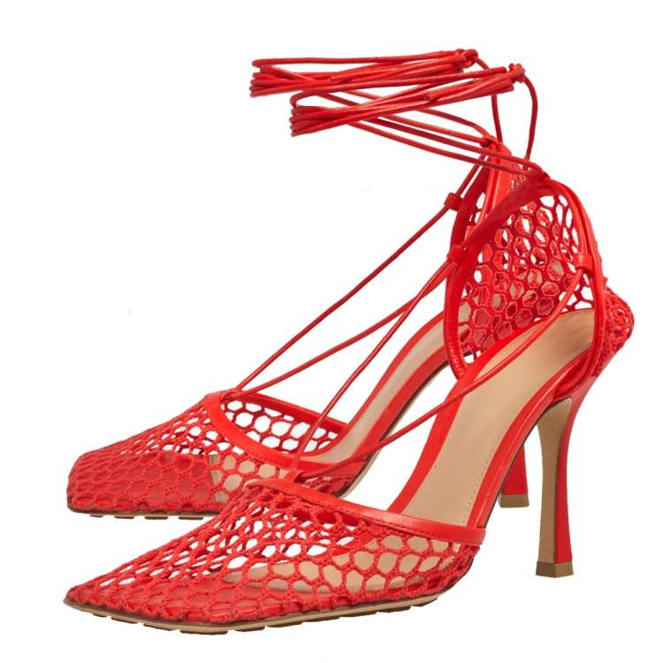 Pre Owned Bottega Veneta Red Mesh Square Toe Ankle Wrap Sandals Size 40