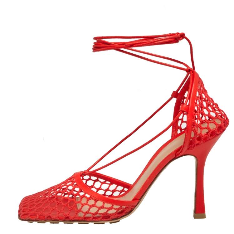 Pre Owned Bottega Veneta Red Mesh Square Toe Ankle Wrap Sandals Size 40