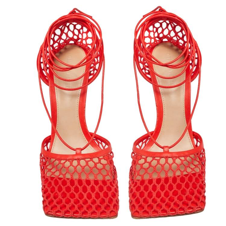 Pre Owned Bottega Veneta Red Mesh Square Toe Ankle Wrap Sandals Size 40