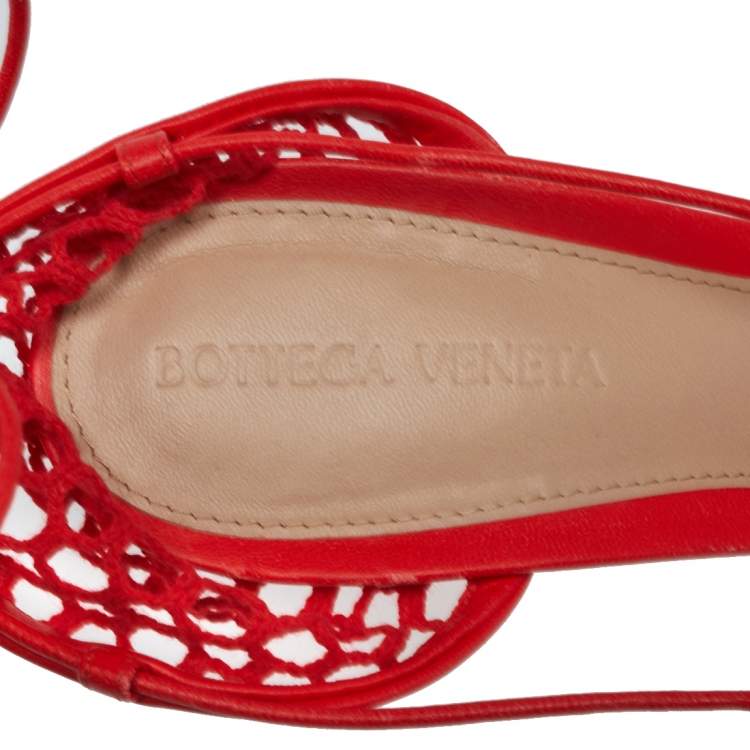 Pre Owned Bottega Veneta Red Mesh Square Toe Ankle Wrap Sandals Size 40