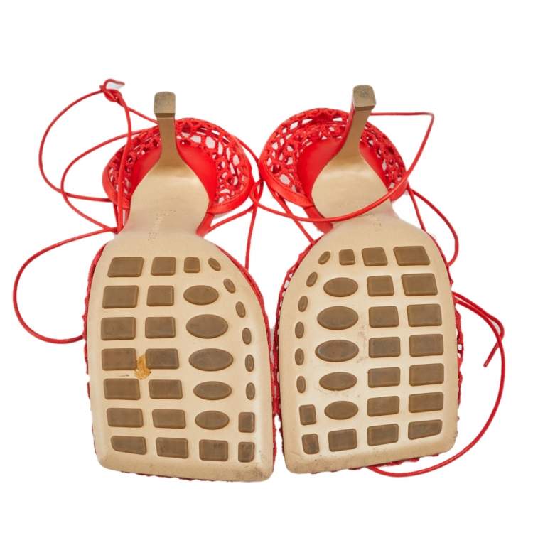 Pre Owned Bottega Veneta Red Mesh Square Toe Ankle Wrap Sandals Size 40