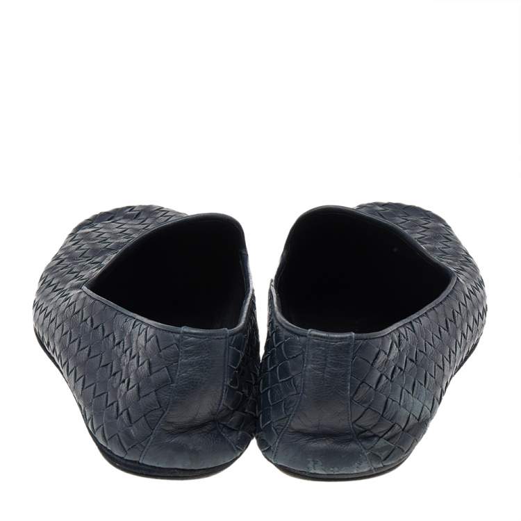 Pre Owned Bottega Veneta Blue Intrecciato Leather Slip on Loafers Size 45