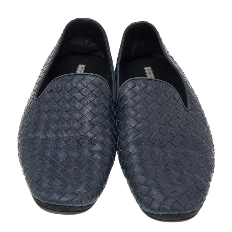 Pre Owned Bottega Veneta Blue Intrecciato Leather Slip on Loafers Size 45