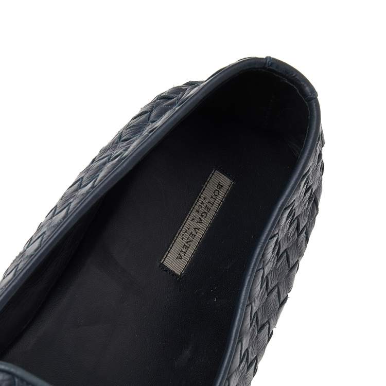 Pre Owned Bottega Veneta Blue Intrecciato Leather Slip on Loafers Size 45
