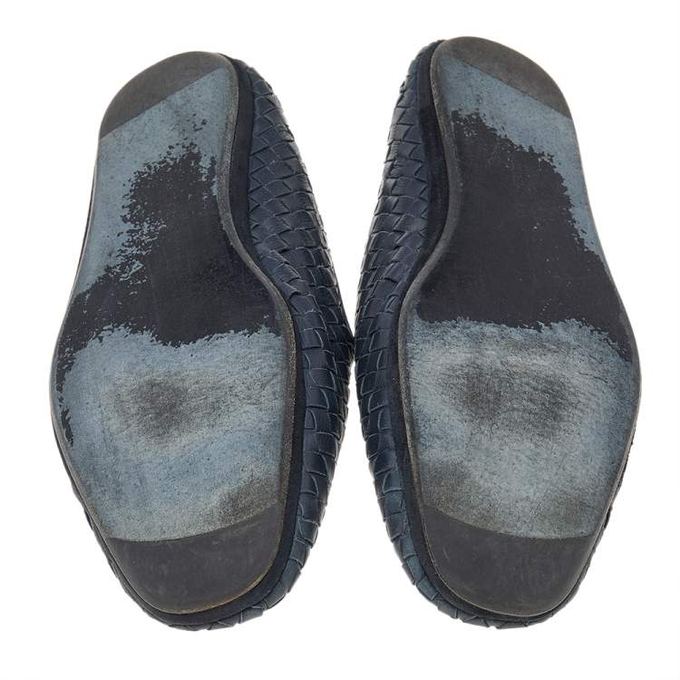 Pre Owned Bottega Veneta Blue Intrecciato Leather Slip on Loafers Size 45