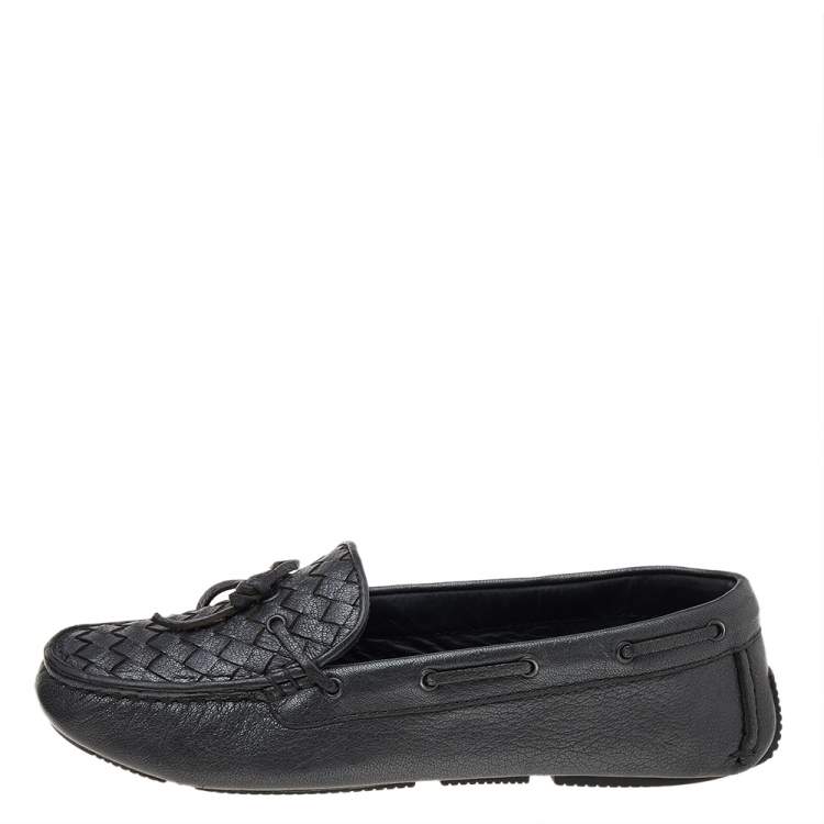 Pre Owned Bottega Veneta Black Intrecciato Leather Slip on Loafers Size 39