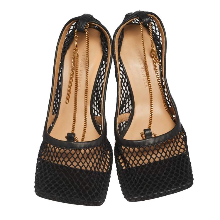 Pre Owned Bottega Veneta Black Mesh Fabric And Leather Trim Stretch Pumps Size 36