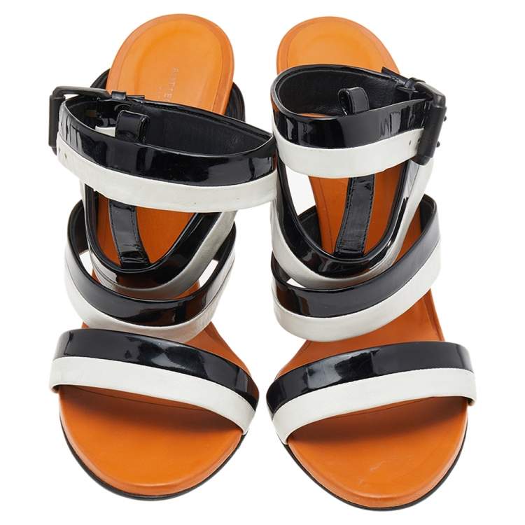 Pre Owned Bottega Veneta White/Black Patent And Leather Ankle Strap Sandals Size 39.5