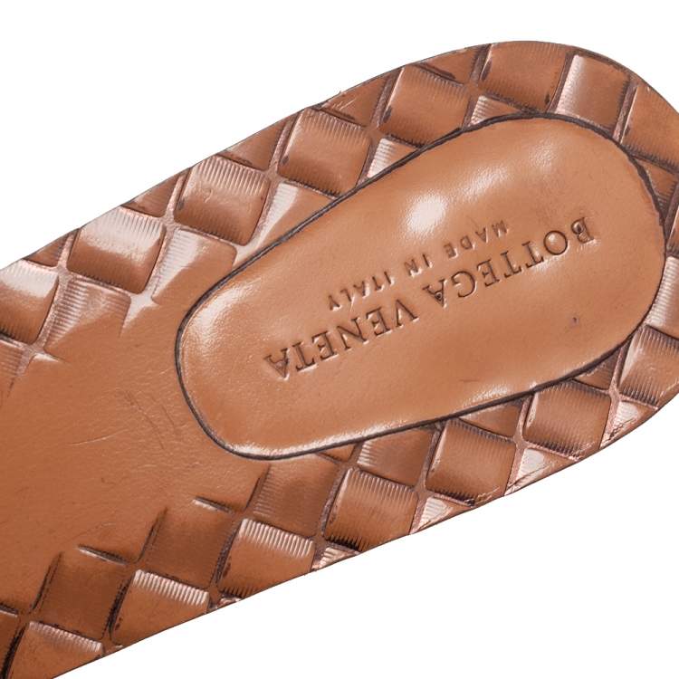 Pre Owned Bottega Veneta Metallic Bronze Leather Block Heel Slide Sandals Size 37.5