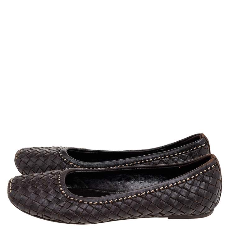 Pre Owned Bottega Veneta Brown Intreccaito Leather Ballet Flats Size 37