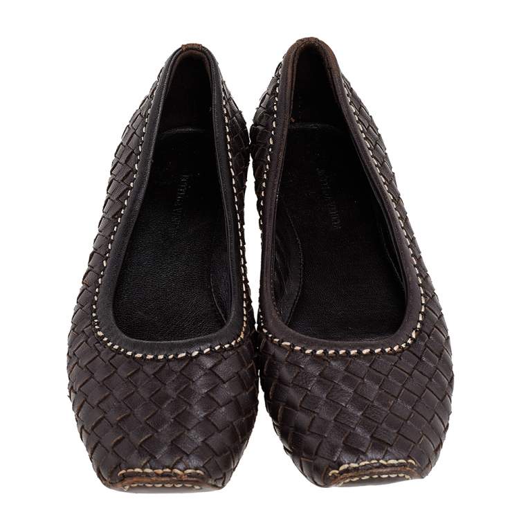 Pre Owned Bottega Veneta Brown Intreccaito Leather Ballet Flats Size 37
