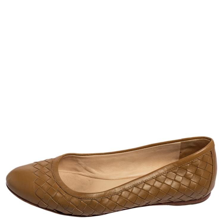 Pre Owned Bottega Veneta Brown Intrecciato Leather Ballet Flats Size 35.5