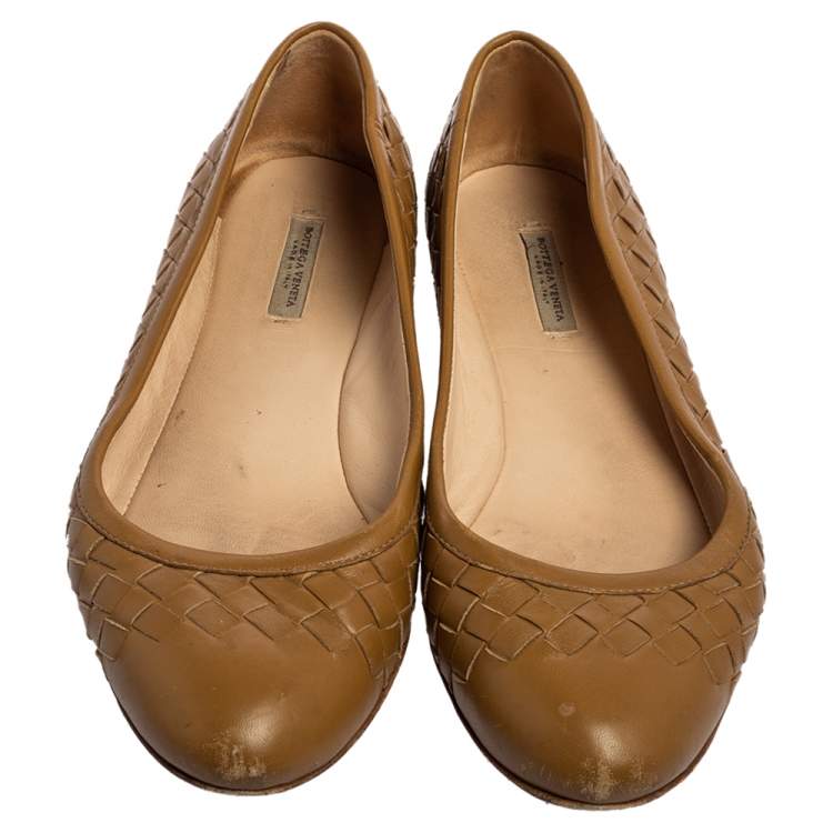 Pre Owned Bottega Veneta Brown Intrecciato Leather Ballet Flats Size 35.5