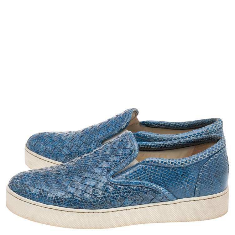Pre Owned Bottega Veneta Blue Intrecciato Snakeskin Dodger Slip On Sneakers Size 39