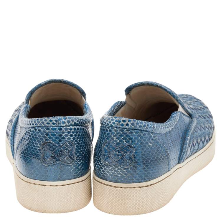 Pre Owned Bottega Veneta Blue Intrecciato Snakeskin Dodger Slip On Sneakers Size 39