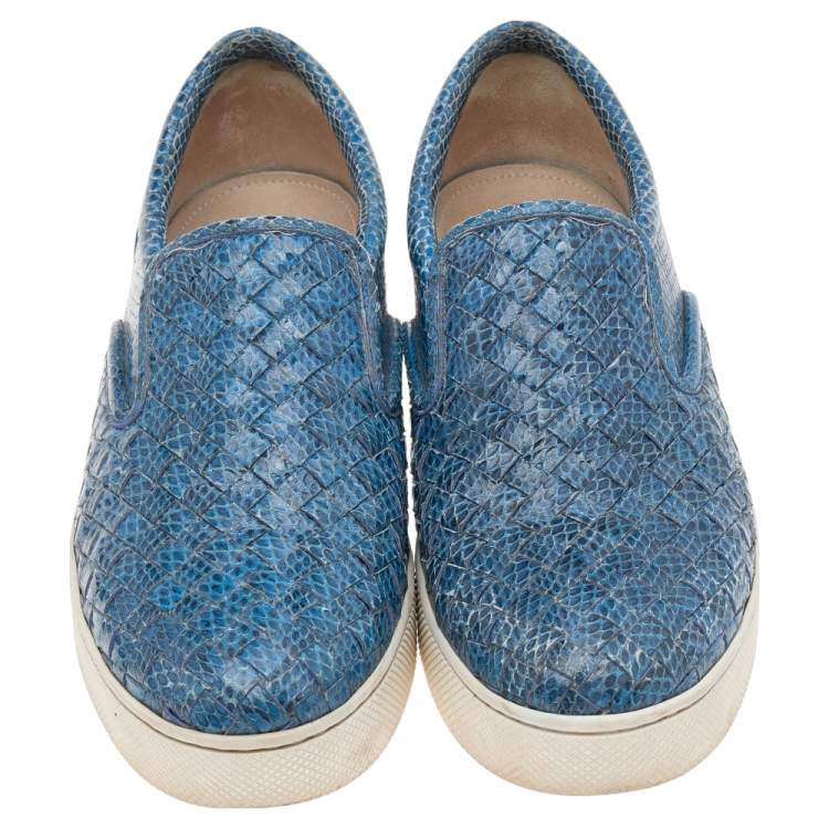 Pre Owned Bottega Veneta Blue Intrecciato Snakeskin Dodger Slip On Sneakers Size 39