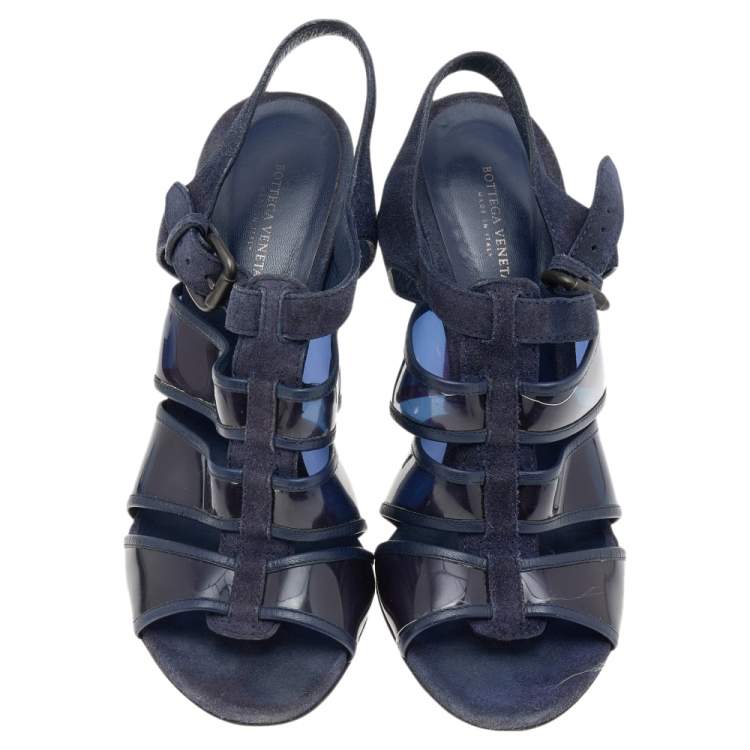 Pre Owned Bottega Veneta Navy Blue Suede And PVC Ankle Strap Sandals Size 38.5