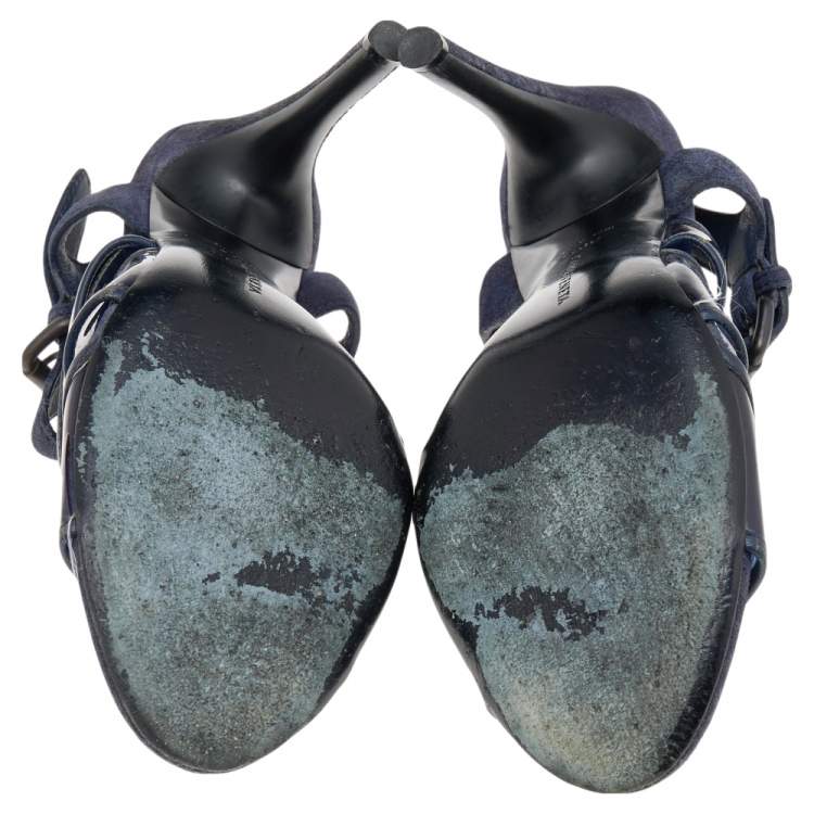 Pre Owned Bottega Veneta Navy Blue Suede And PVC Ankle Strap Sandals Size 38.5