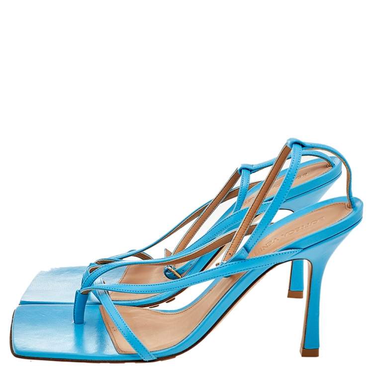 Pre Owned Bottega Veneta Blue Leather Stretch Ankle Strap Sandals Size 40